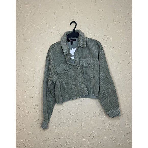 Forever 21 Women's Cropped Button Down Long Sleeve Corduroy Jacket Size S Green - Picture 1 of 3